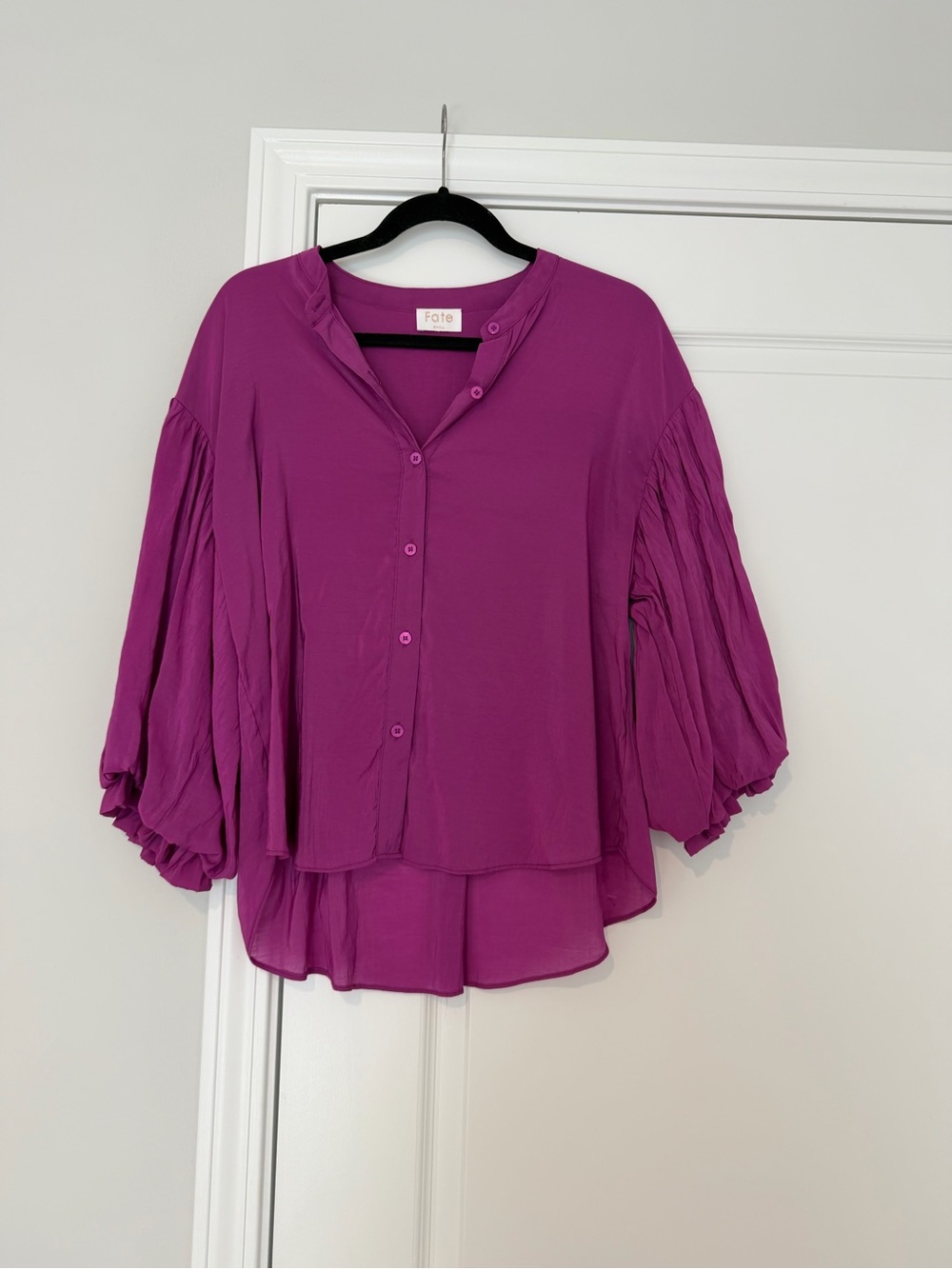 Fate Magenta Button-Front Puff Sleeve Blouse